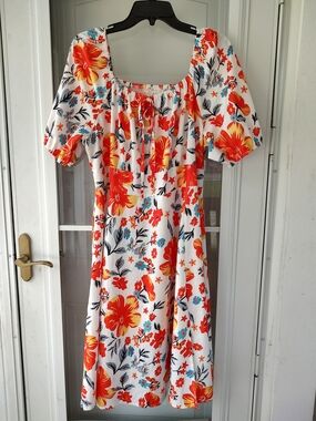 White Floral Puff-Sleeve Midi Dress with Red & Yellow Blooms